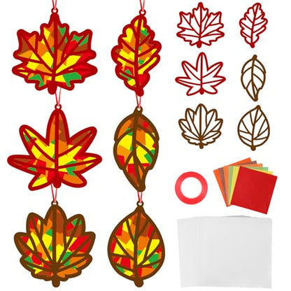 Qyeahkj 36 Set Fall Maple Leaves Suncatchers Crafts for DIY Autumn Window Tissue Paper Crafts Kit Thanksgiving Maple Hanging Decor for Fall Home Activity Art Project Birthday Party Favor Gift - style: Fall Maple