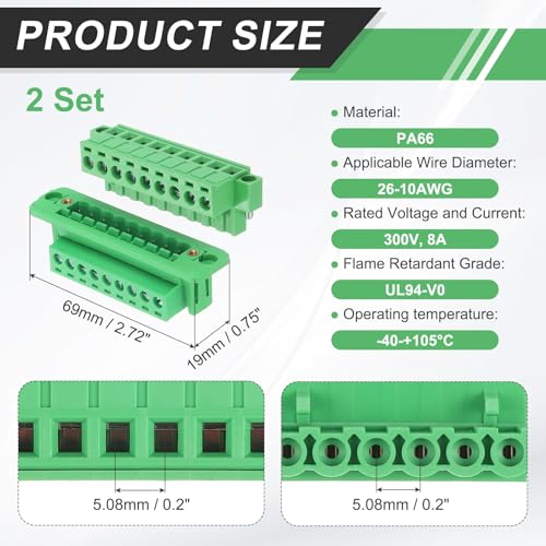 MECCANIXITY 2Set 9-Pin 5.08mm Pitch Pluggable Screw Terminal Block Connectors, PA66 300V 10A Through-Wall PCB Terminal with Panel Solderless Wiring Connectors 26-10AWG for Electronic - style: 9-Pin