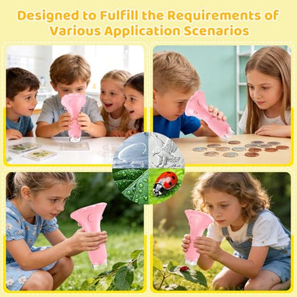 Kids Magnifying Glass, 2.0 Inch Digital Screen Mini Pocket Microscope for Bug - 200x Zoom Handheld Microscope with Adjustable Lights, Edu Birthday Gifts for Age 3-12 Girls - color: Pink