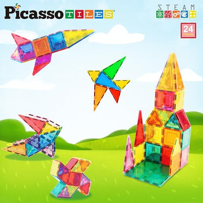 PicassoTiles Magnet Tile Building Block Set Magnetic Construction Square Triangle Tiles Toy Kit Sparking Creativity Geometric Shapes STEM Educational Learning Brain Development Kids Ages 3+ PB24 - color: 24 Pcs