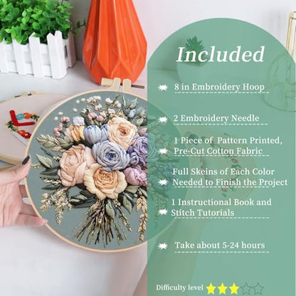 FONNUY Bouquet Flowers Embroidery Kit for Beginners, Pre-Stamped Pattern Kits for Adults with Hoop, Easy to Follow Color Thread Needlework, 8'' Hoop (Joyful Bouquet) - style: Joyful Bouquet