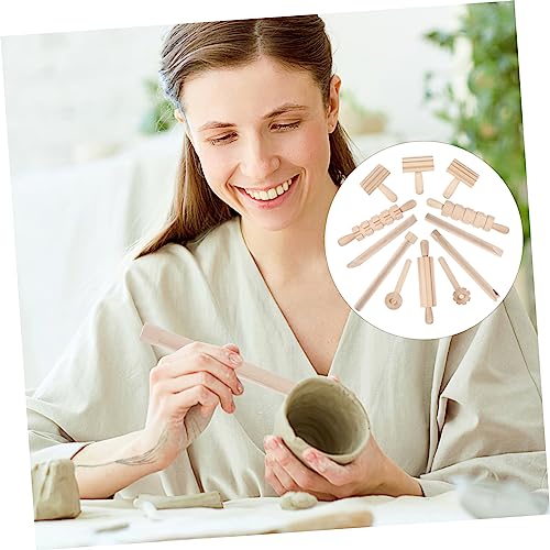 Garneck 12Pcs Wooden Clay Tools Set for Kids: Dough Rolling Modeling Accessories Pottery Sculpting Kit Modeling Accessories for Early Education Art Craft Activity Home School - size: 16.50X1.50X1.50CM