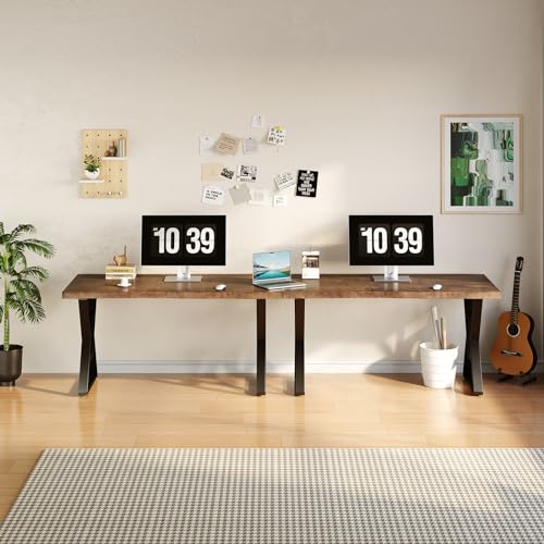 55 Inch Real Wood Desk for Home Office, Solid Pine Writing Desk with Natural Live Edge, Rustic Computer Desk with Industrial Metal Legs, Large Workstation Table for Study, Gaming and Dining - size: YC-2