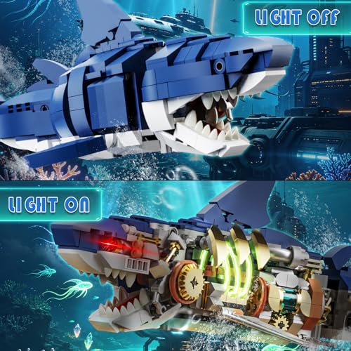 Mechanical Shark Building Set with Light for Boys 8-14, Compatible with Lego Shark, 687PCS Ocean Animals with Display Stand & Movable Joints, Sea Fish Toys Gifts for Home/Office Decor for Adults Kids