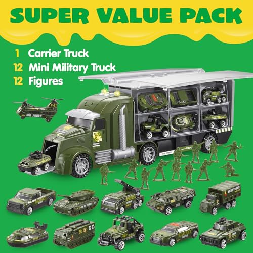 JOYIN 25 in 1 Military Kids Truck Toys for Age 3+, Kids Boy Toys, Army Men Tanks Set with Soldier Men, Mini Battle Cars in Carrier Truck with Lights and Sounds, Gifts for Grandkids - style: Military Truck