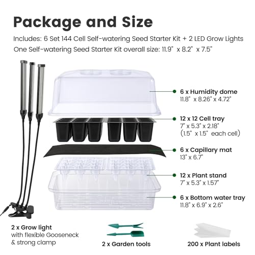 SOLIGT 144 Cell Self Watering Seed Starter Trays with 2 Grow Lights