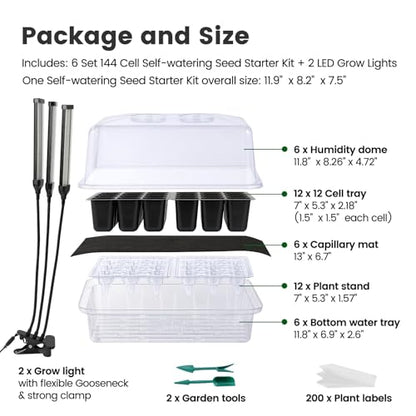 SOLIGT 144 Cell Self Watering Seed Starter Trays with 2 Grow Lights