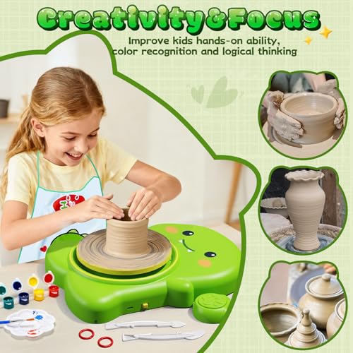Pottery Wheel for Kids with Foot Pedal, Cute Dinosaur Kids pottery Kit - color: Green D