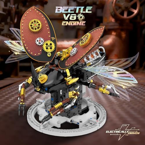 Bionic Steampunk Beetle Insect Building Set, Poseable Articulated Mechanical Joints, Motorized Movable STEM Brick Model with Display Stand, Vintage Gear Collectible Decor Gift for Kids Teens Adults - color: Electric Beetle Building Set