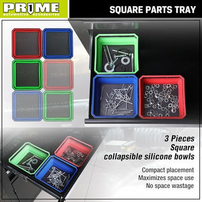 PR1ME Collapsible Magnetic Parts Tray Set, Foldable Magnetic Tray, 3 Pieces 4.25 inch Square Silicone Bowls with Magnetic Base Stores and Organizes Small Parts and Tools (Pack of 2) - size: Basic Trays (Pack of 2)