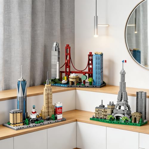 3 Famous World Architecture Skyline Collection Building Set, Paris, New York City, San Francisco Includes Golden Gate Bridge, Eiffel Tower etc, Ideal Valentine's Day Gift for Lover(1648PCS) - style: 3 Skyline-1