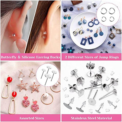 Caffox Hypoallergenic Earring Posts and Backs, 1800pcs Stainless Steel Stud Earring Kit with Earring Base Studs, Earring Backs and Jump Rings for Clay, Resin, Pearls, Jewelry Making and Crafting - color: Silver