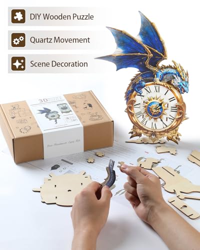 3D Puzzles for Adults, Blue Dragon Clock 3D DIY Model Kit Crafts