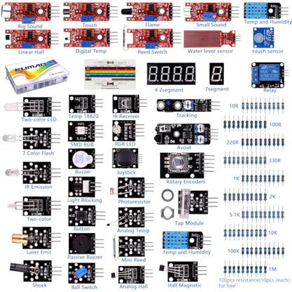 kuman Compatible For Arduino Raspberry pi Sensor kit, 37 in 1 Robot Projects Starter Kits with Tutorials Compatible for Arduino RPi 3 2 Model B B+ K5