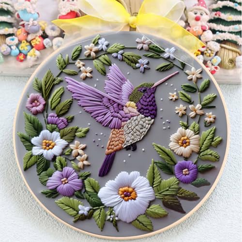 Needlework Embroidery Kit with Hoop,Flower Hummingbird Pattern Handmade Cross Stitch Sewing Art Craft Kit with Stamped Design Cotton,Threads,Needles for Beginners - color: Hummingbird Flower