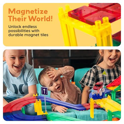 PicassoTiles 100 Piece Magnetic Tiles Race Track Toy Creative Building Set - color: 100 Pcs Race Car Track Set