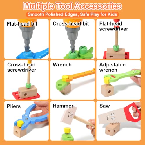 Phobby Wooden Tool Set with Drill & Belt Toy for Kids Ages 2 3 4 5 6, 60Pcs