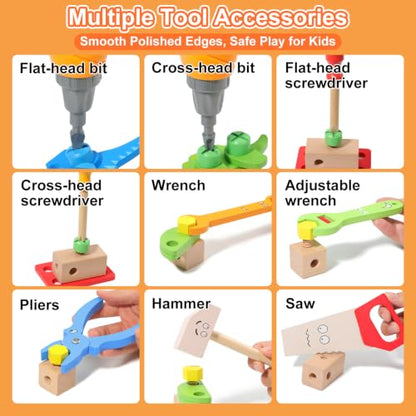 Phobby Wooden Tool Set with Drill & Belt Toy for Kids Ages 2 3 4 5 6, 60Pcs