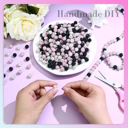Dowarm 255PCS 10mm Rhinestone Beads for Baseball Rhinestone Necklace Bracelet Jewelry Making, Round Polymer Clay Beads for Crafts Beaded Pen, Shamballa Pave Disco Diamond Bead, Pink|White|Black - color: 10-Pink | White | Black