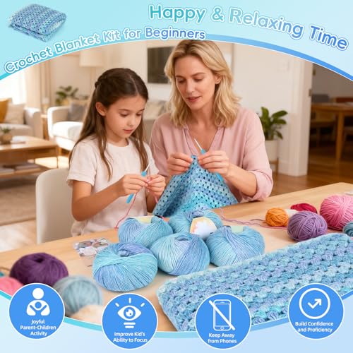 Aeelike Crochet Blanket Kit for Beginners, Easy Crochet Kits, Blue Gradient - color: Aurora Blue Gradient