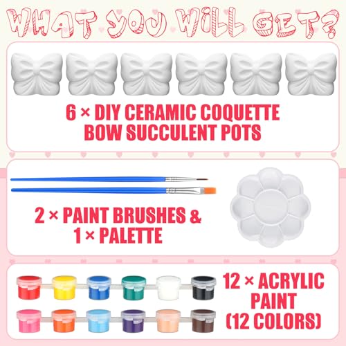 Beeveer 6 Sets Paint Your Own Coquette Bow Succulent Planter Ceramic Blank Unpainted Flower Pots DIY Paintable Porcelain Vase Kit for Kids Christmas Classroom Craft Project Activity Supplies - style: Coquette Bow