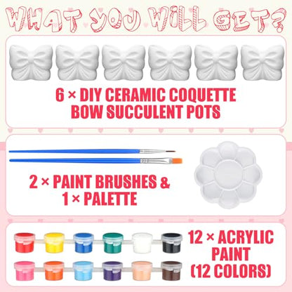 Beeveer 6 Sets Paint Your Own Coquette Bow Succulent Planter Ceramic Blank Unpainted Flower Pots DIY Paintable Porcelain Vase Kit for Kids Christmas Classroom Craft Project Activity Supplies - style: Coquette Bow