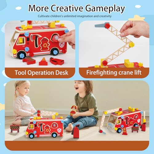 LOVELAND Wooden Fire Truck Toy, Take Apart STEM Building Set with Kid-Safe Screwdriver & 6 Shape Sorter Tools, DIY Montessori Construction Vehicle, Pretend Play Educational Gift for Boys Girls Ages 3+