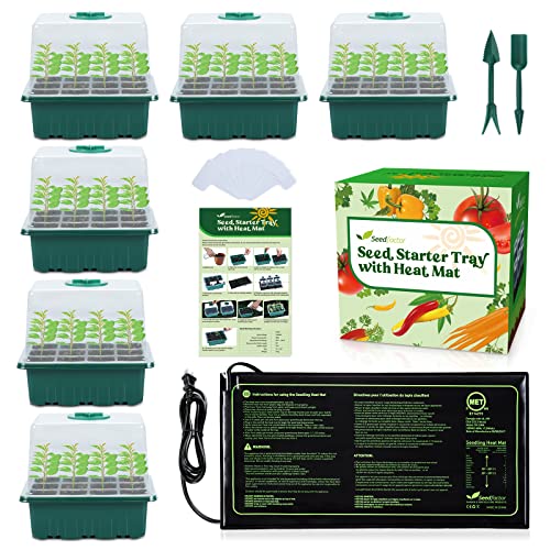 7-Pack Seed Starter Tray with Heat Mat (12 Cells per Tray), Plant Germination Trays with Adjustable Humidity Dome Seed Trays Seedling Starter with Base Trays for Germination - color: Green