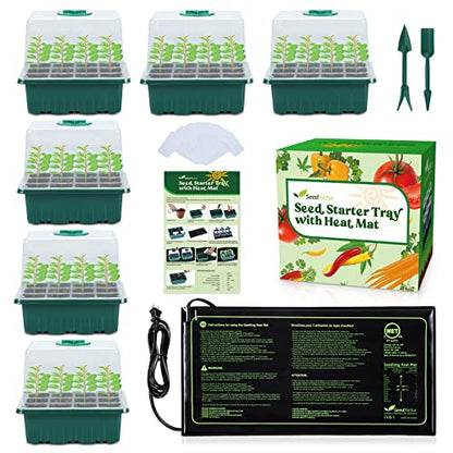 7-Pack Seed Starter Tray with Heat Mat (12 Cells per Tray), Plant Germination Trays with Adjustable Humidity Dome Seed Trays Seedling Starter with Base Trays for Germination - color: Green