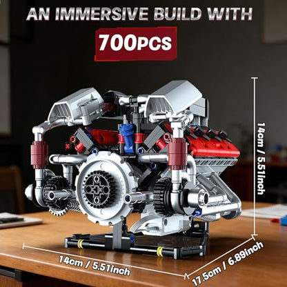 V8 Engine Model Kit that Run, 8-Cylinder Car Engine Building Blocks Set, Build Your Own STEM Engineering Kit that Work with LED Light and APP Control, Collections Set for Age 8+/Kids/Adults (700 PCS) - color: Silver