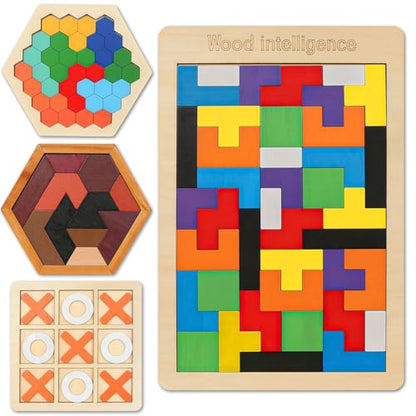 4 Pack Wooden Hexagon Puzzle, STEM Logic IQ Travel Game for Kids Adults - style: Puzzle Set- 4 Pack