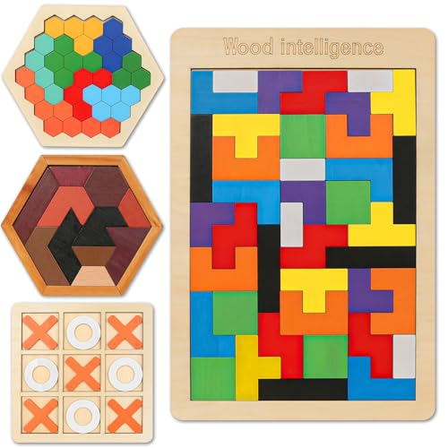 4 Pack Wooden Hexagon Puzzle, STEM Logic IQ Travel Game for Kids Adults - style: Puzzle Set- 4 Pack
