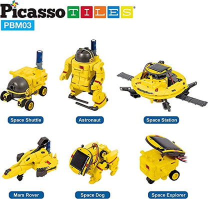 PicassoTiles STEM Kids Solar Powered Space Robot Educational Learning Engineering Building Toy 6-in-1 Creative Unique Transformation Renewable Sun Energy Science Experiment DIY Kit Boys Girls Age 8+ - color: Space Robot