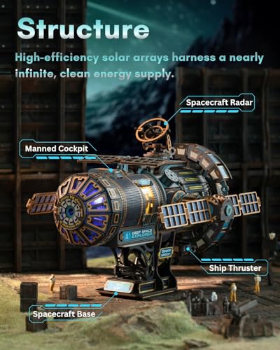 Celestigon Station Self-Running Motorized DIY Miniature House Kit w/LED Light – Interstellar Space Station Dollhouse Kit – Wood 3D Puzzles Tiny House Book Nook for Christmas Birthday Gifts