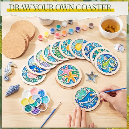 Reallnaive Wood Coasters Painting Kit DIY Craft, 12 Pcs, Sea Animal - style: Sea Animal