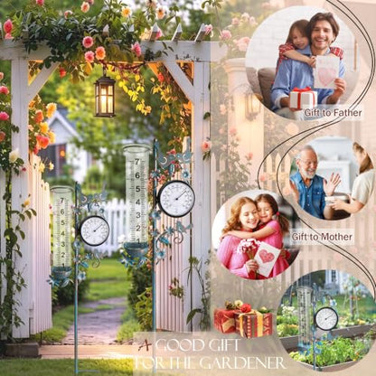 Rain Gauge Best Rated with Thermometer, Freeze Proof & Weatherproof - color: Bird & Flowe (Blue)