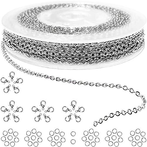 Jishi 33ft Silver Stainless Steel Chain 2mm Jewelry Necklace Link Cable Chain for Jewelry Making Bracelets Earring Craft Supplies DIY Findings - Metal Rolo Link Chain Roll w/Lobster Clasps, Jump Rings - color: Silver, size: Cable Chain 33ft 2.0mm