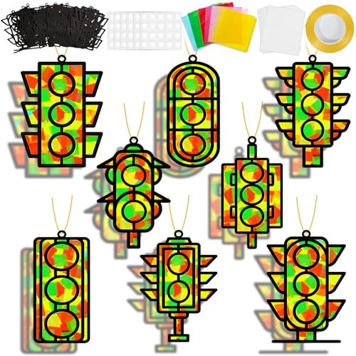 QOUBAI 32 Sets Traffic Light Suncatchers Craft Kit DIY Window Stained Glass Effect Traffic Lamp Paper Crafts Home School Classroom Decoration Kid Birthday Gift Creative Art Project Activity Game - style: Traffic Light