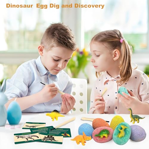 EXBEPE Dinosaur Eggs Excavation Dig Kit, 12 Fossilized Colorful Easter Dinosaur Egg with 12 Cards and 12 Dig Tools, Science Education STEM Toys for Boys & Girls Ages 3-12