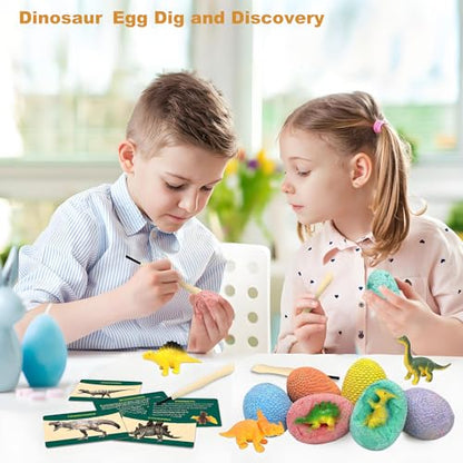 EXBEPE Dinosaur Eggs Excavation Dig Kit, 12 Fossilized Colorful Easter Dinosaur Egg with 12 Cards and 12 Dig Tools, Science Education STEM Toys for Boys & Girls Ages 3-12