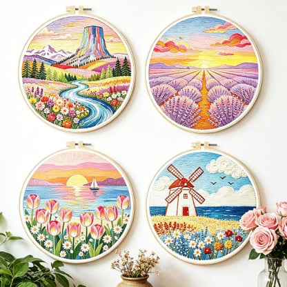 BEUNITONE 4 Set Embroidery Kits for Beginners, Pink Scenery Design with Pre-Stamped Pattern Craft Kits Include Instruction and Hoops, 7.9"x7.9" Needlepoint Kits for Festival Gifts and Home Decor - style: C-Dreamy Scenery
