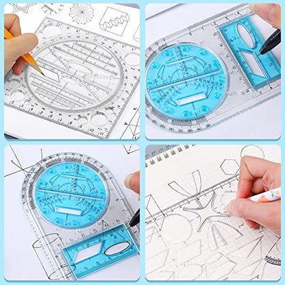 4 Pack Multifunctional Geometric Ruler, Mathematics Measuring Tool Draft Rulers Set, Rotatable Circular Drawing Template Ruler for Student Studying Designing Office Supplies (4 Styles)