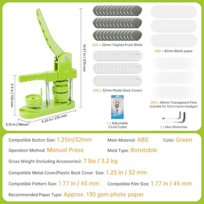 Button Maker Machine 32mm (1.25 in) for DIY Gift,Installation-Free Pin Maker Machine,Button Press Machine with Free 500pcs Button Parts & 100pcs Pictures &Adjustable Circle Cutter(Green) - size: Round 32mm (1.25 inch)