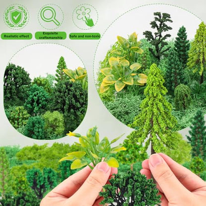 QUOZUO 36 Pcs Green Mixed Model Trees with 40g Moss, Diorama Trees Grass Mini Fake Miniature Trees Moss for Building Model, Model Train Scenery, Natural Green Landscape, Railroad Scenery
