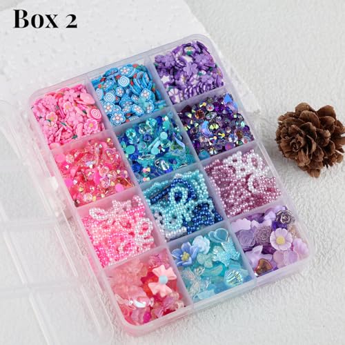 2050 Pieces 3D Butterfly Rose Flower Bow Rabbit Bear Nail Charms Kit with Nail Art Rhinestones Pearls Crystal Gems Nail Slices for Manicure DIY Crafts Jewelry Accessories (Pink Purple Blue) - color: Pink Purple Blue