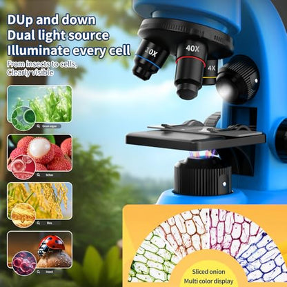 Microscope for Kids Scientific Experiment Kit 40X-1600X Magnification LED Light Educational STEM Kit with Slides and Lab Tools (Blue) - color: Blue