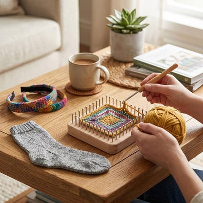 Square Wooden Knitting Loom with Multiple Hooks, Mini Crochet Board for Weaving Scarves, Hats, Socks and Hairband - DIY Beginner Knitting Tool - size: Small
