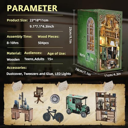 MiniCity Book Nook Kit, DIY Miniature Dollhouse Book Nook Kit with Dust Cover and LED Light-The Radium Lady - color: The Radium Lady