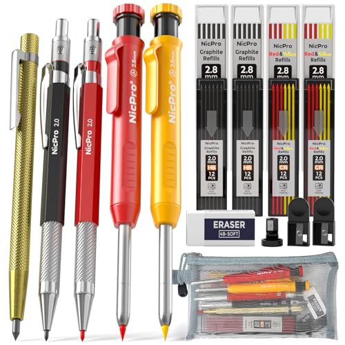 Nicpro 18 Pack Carpenter Pencil Set with Sharpener, Mechanical Carpenter Pencils with 76 Refills and Carbide Scribe Tool, Deep Hole Marker, Heavy Duty Construction Pencil for Architect-With Case - style: Set 2