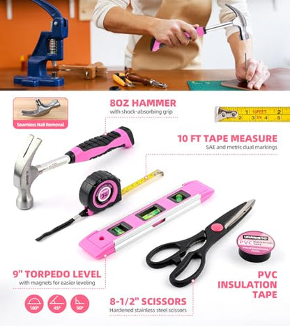 URASISTO Pink Household Tool Set with 3.6V USB Electric Screwdriver, 136 PCS Home Tool Kit with Cordless Lithium-ion Drill Driver, Hand Tool Kits for Women